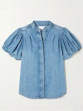 Light Blue Gathered Denim Blouse with Puff Sleeves